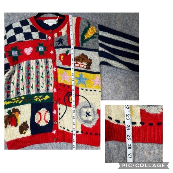 Vtg Eagles Eye Patriotic Americana Hand Knit Novelty Button Up Cardigan - Sz M - Picture 14 of 16